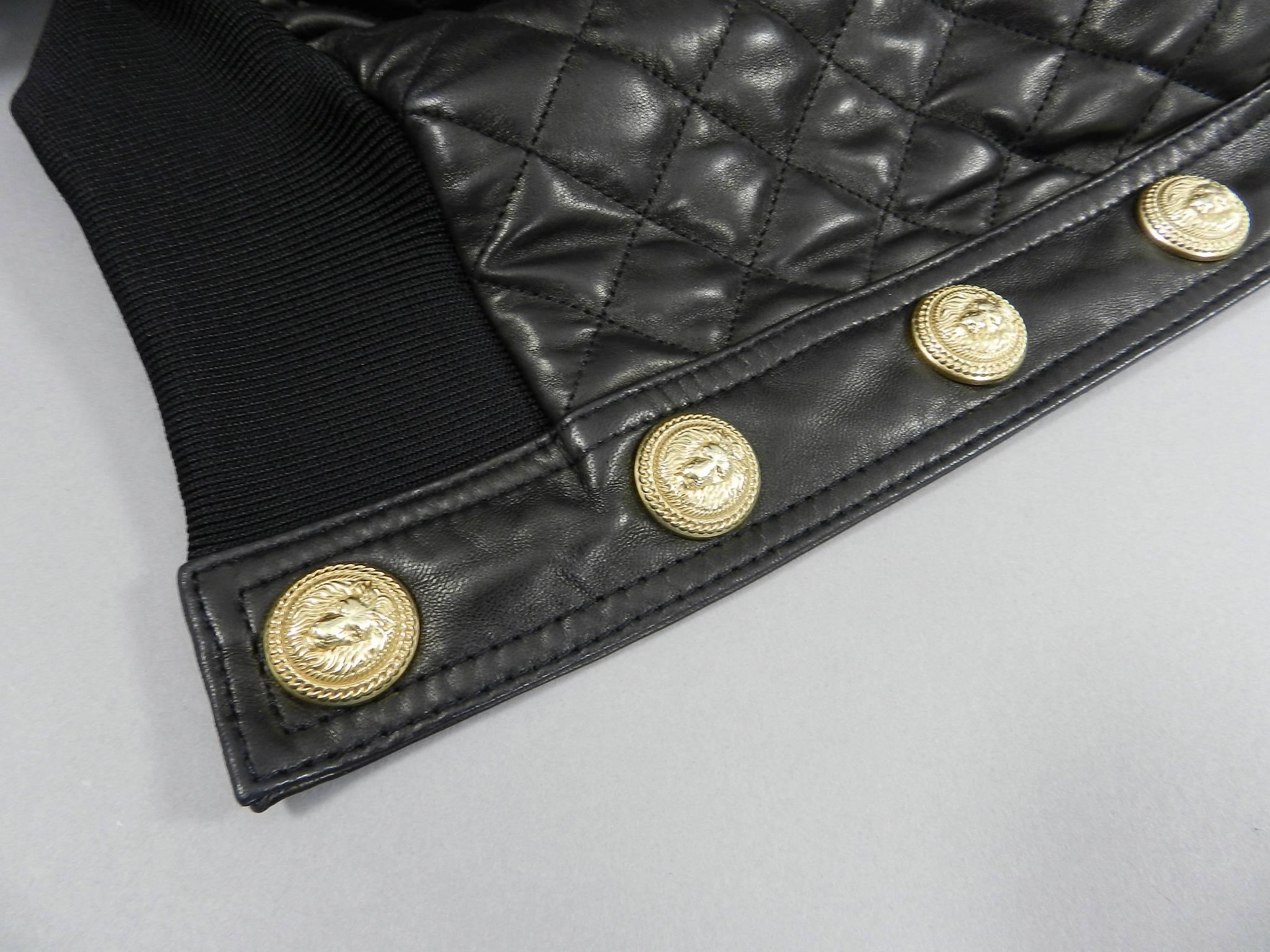Women's Balmain Black Lambskin Leather Quilted Bomber Jacket 