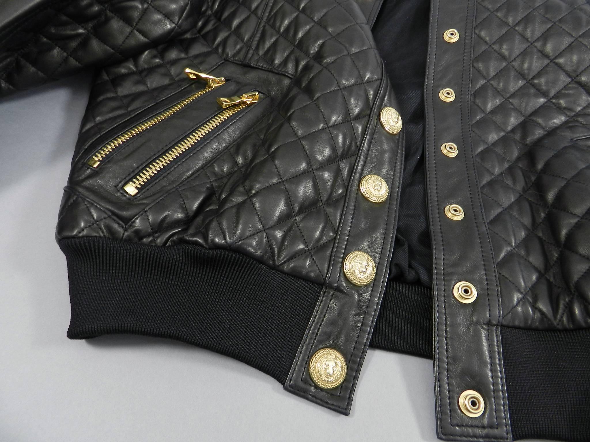 Balmain Black Lambskin Leather Quilted Bomber Jacket  1