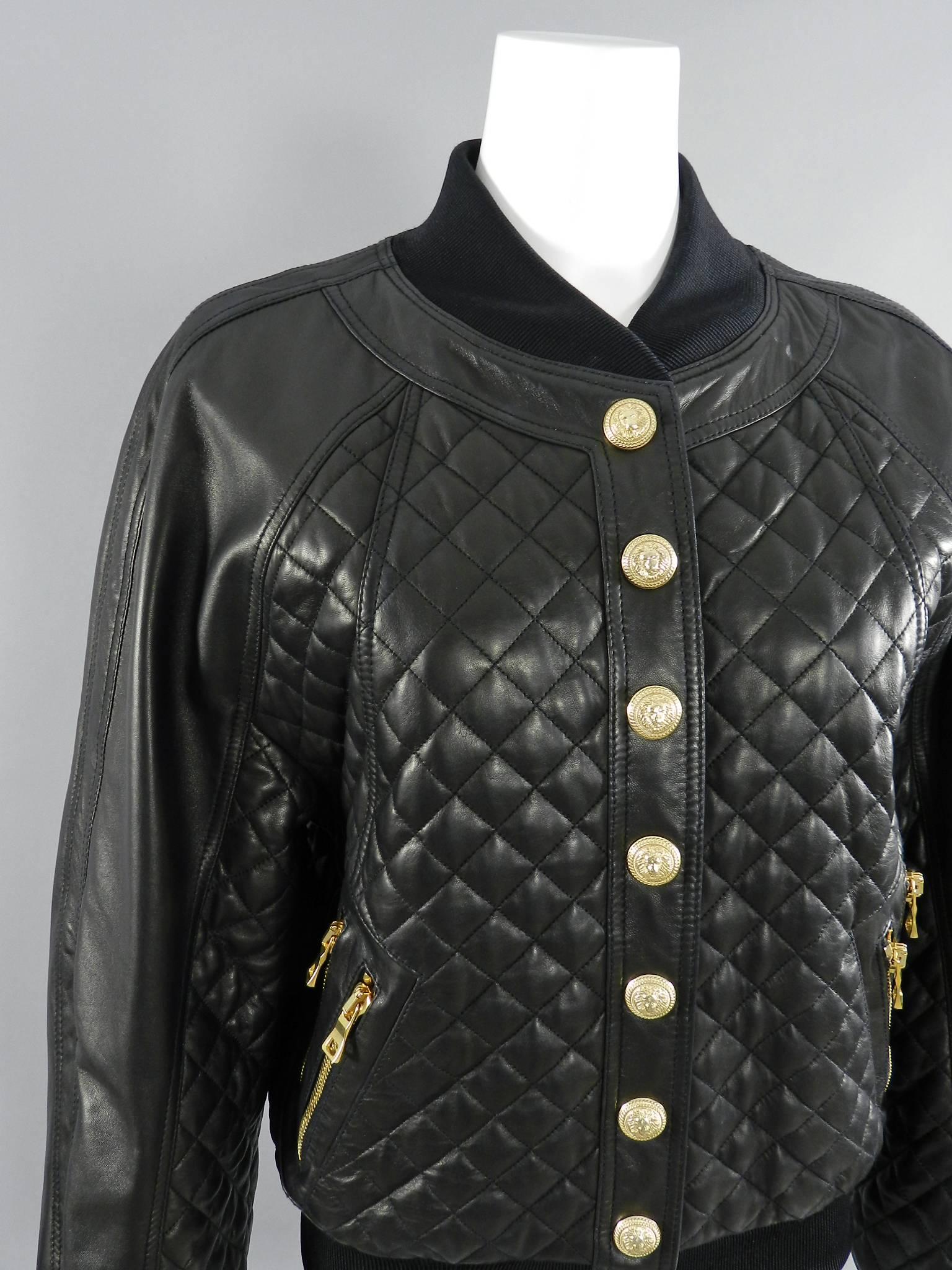 Balmain Black Lambskin Leather Quilted Bomber Jacket  2