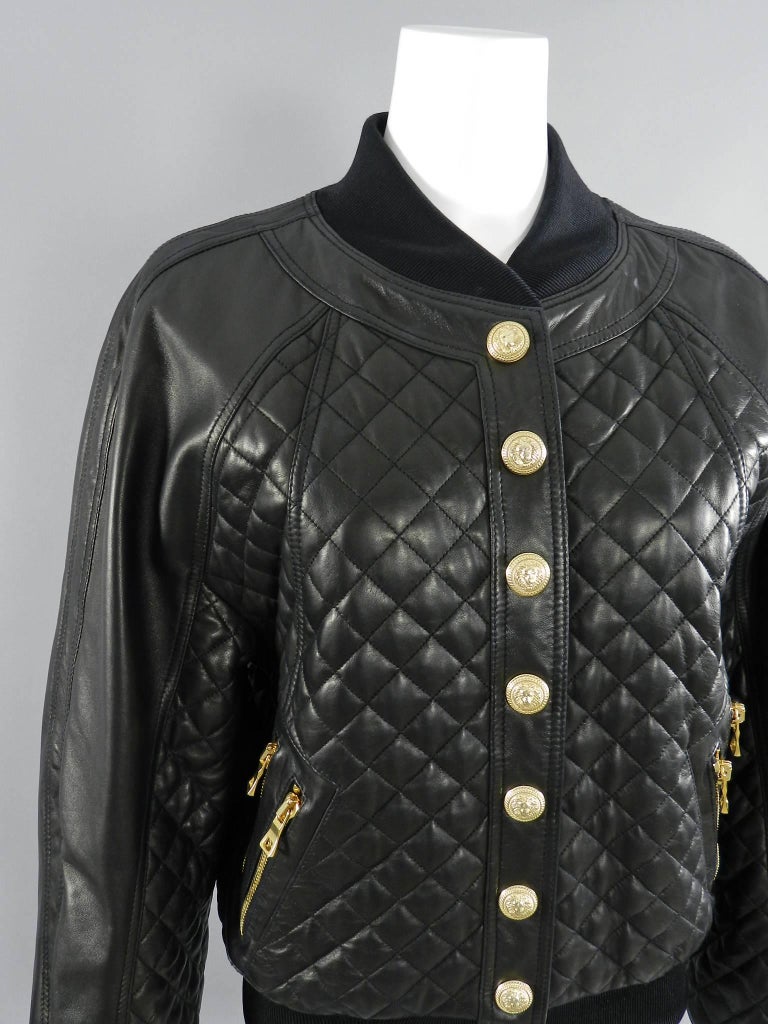 Balmain Black Lambskin Leather Quilted Bomber Jacket at 1stDibs
