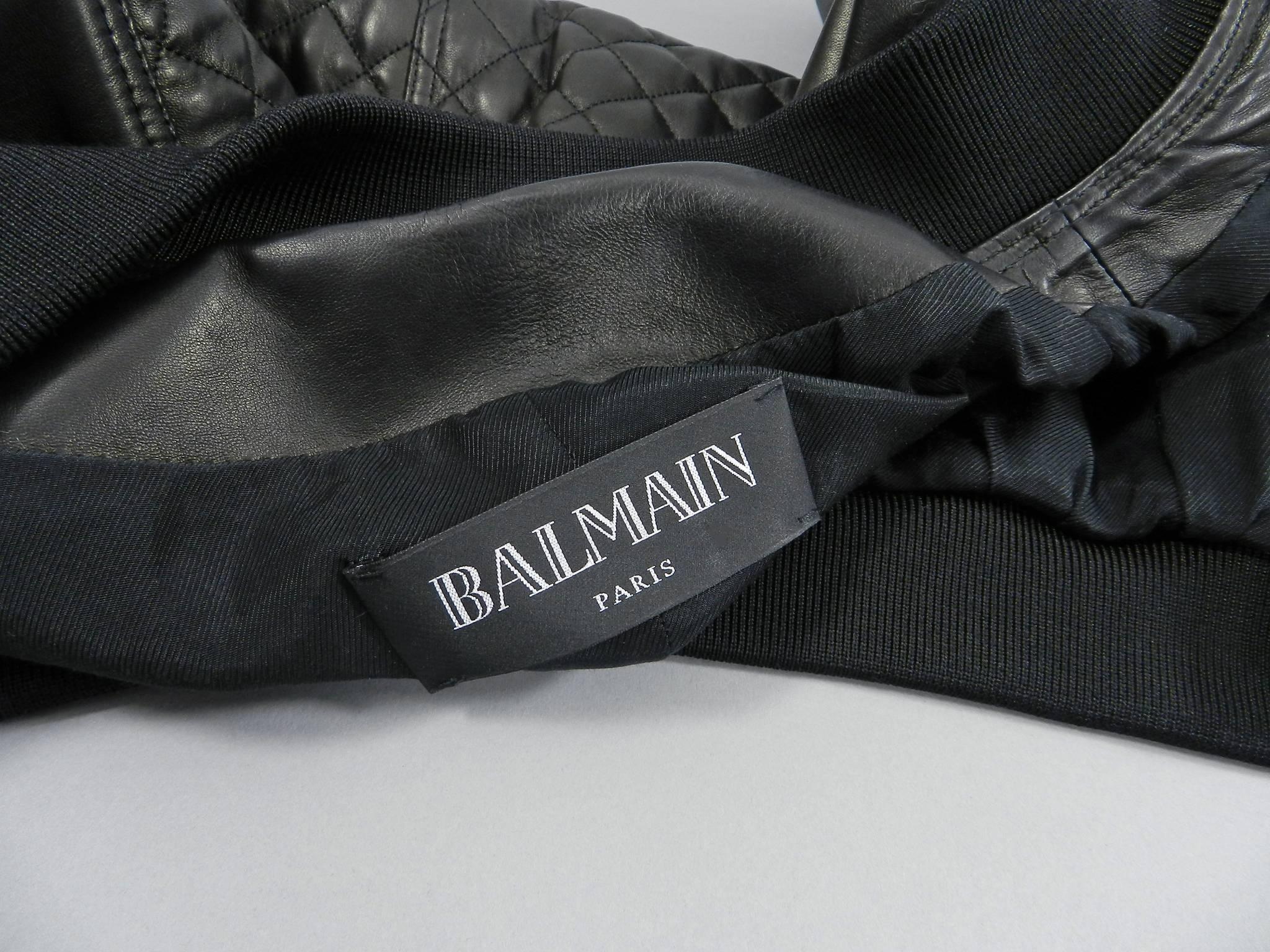 Balmain Black Lambskin Leather Quilted Bomber Jacket  4