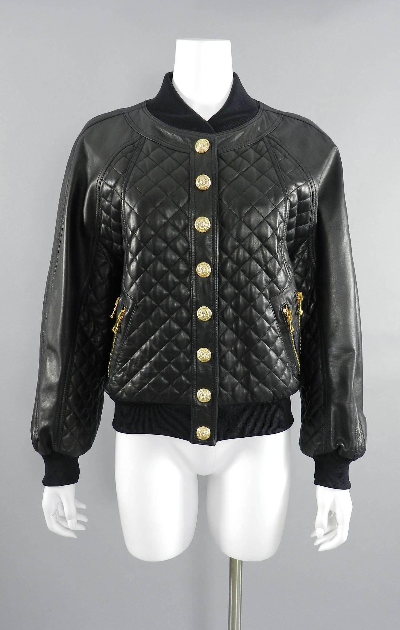 Balmain Black Lambskin Leather Quilted Bomber Jacket  5
