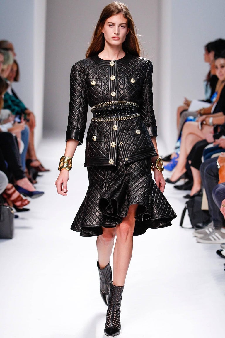 Balmain Spring 2014 Runway Lambskin Quilted Leather Flounce Skirt at