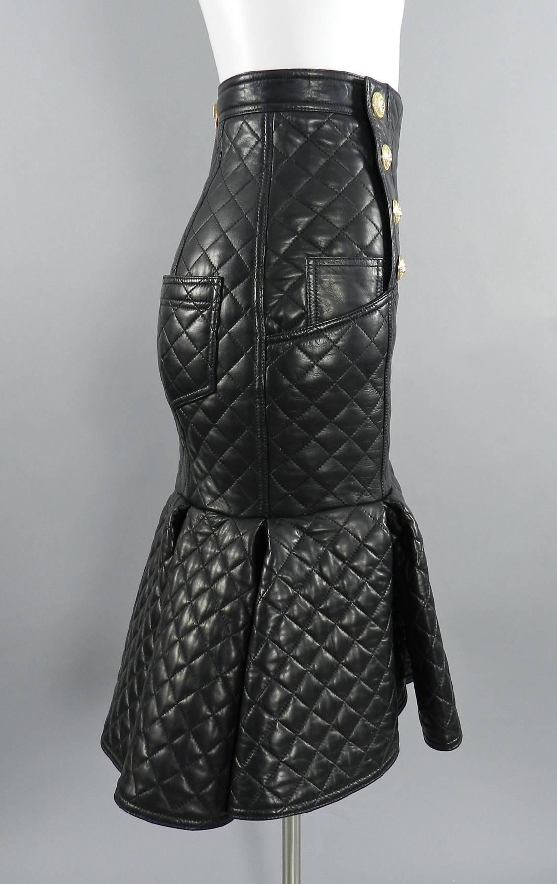 Balmain Spring 2014 Runway Lambskin Quilted Leather Flounce Skirt In Excellent Condition In Toronto, ON