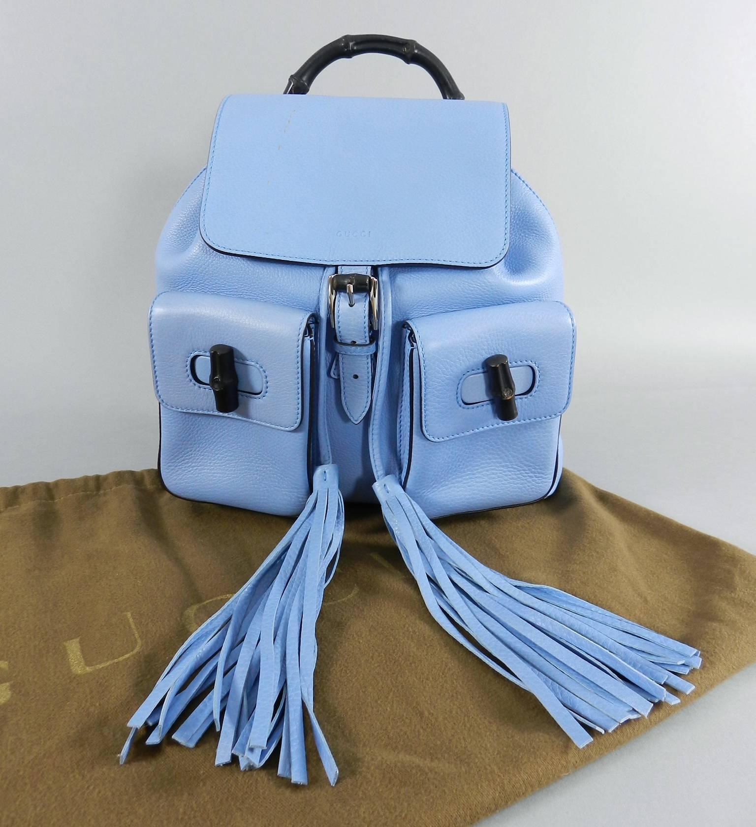 Gucci Blue Leather Backpack with Bamboo Handle and Tassels In Excellent Condition In Toronto, ON