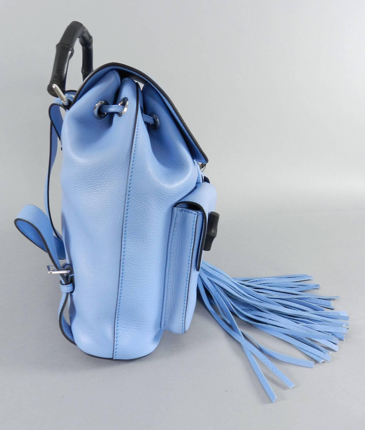 Women's Gucci Blue Leather Backpack with Bamboo Handle and Tassels