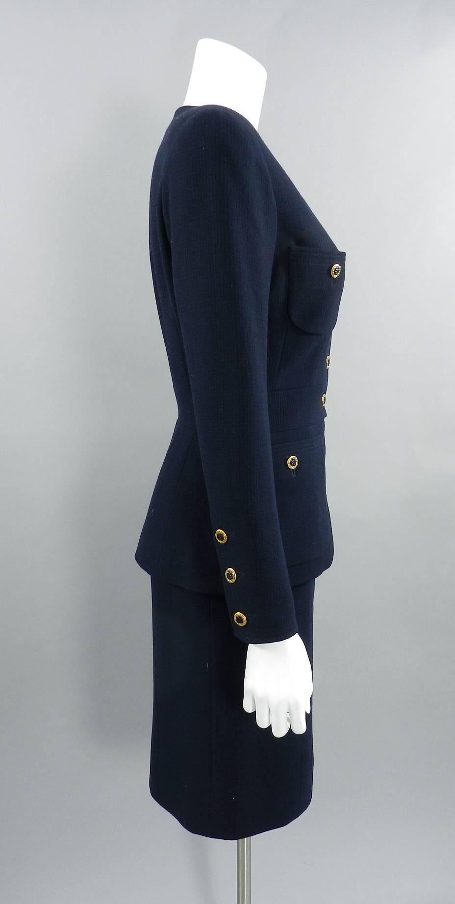 Chanel Vintage 1990's Navy Wool Skirt Suit with Gold Buttons In Excellent Condition In Toronto, ON