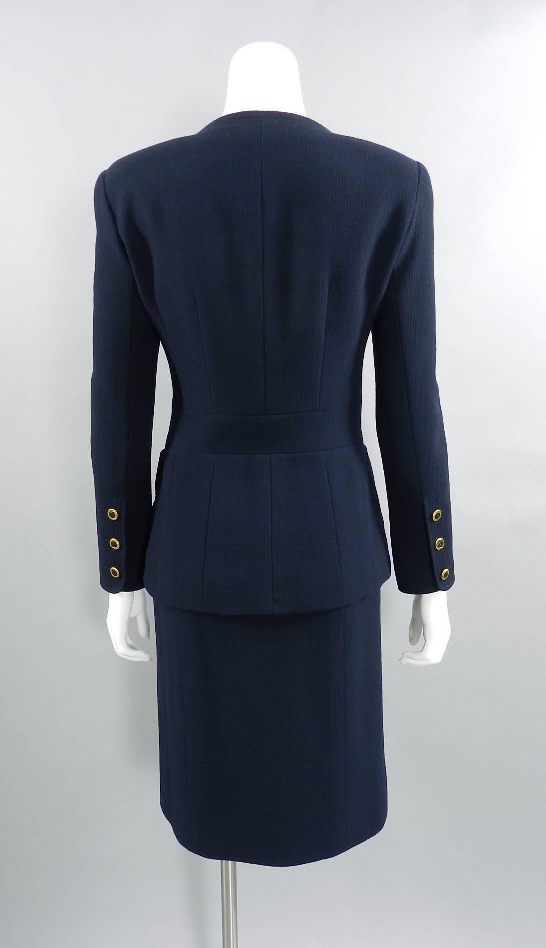 Women's Chanel Vintage 1990's Navy Wool Skirt Suit with Gold Buttons