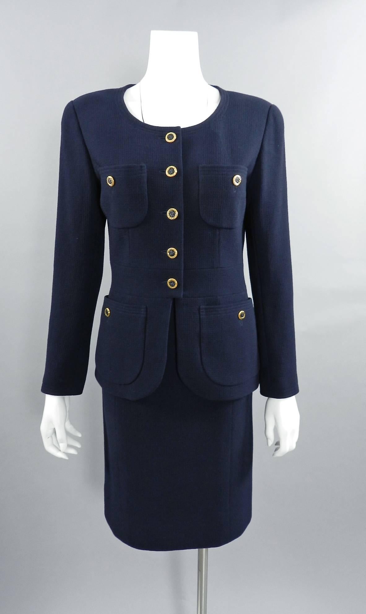 Chanel Vintage 1990's Navy Wool Skirt Suit with Gold Buttons 3