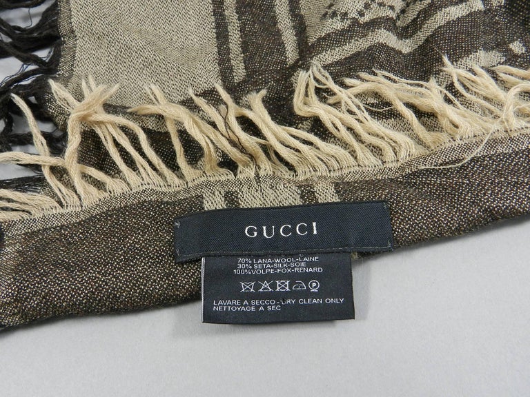 Gucci - GG Silk & Wool Fox Fur Trim Scarf Brown