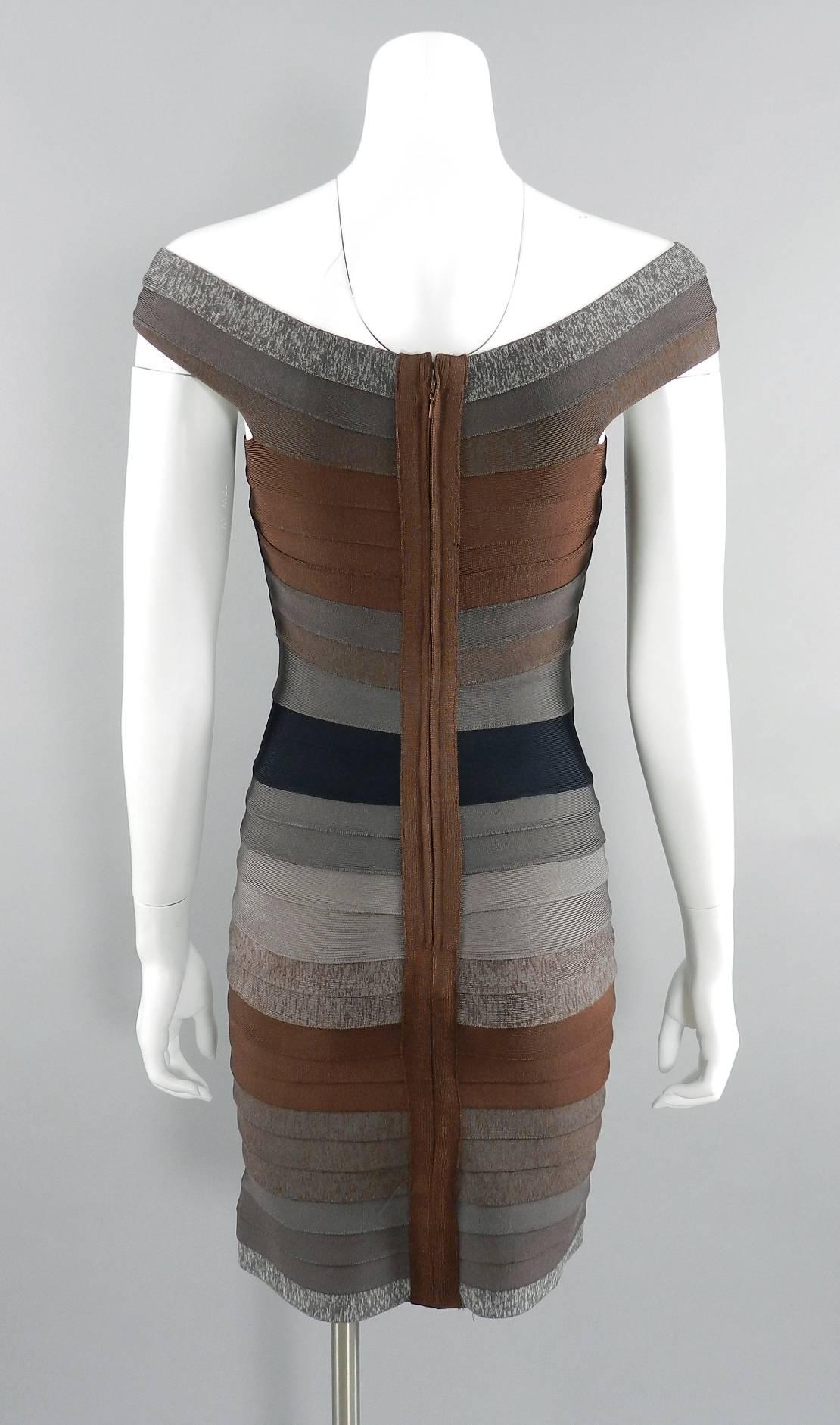 Herve Leger Brown Bandage Bodycon Stretch Dress.  Tagged size L but runs small and best for about USA 6 / 8. Garment to fit 34/35