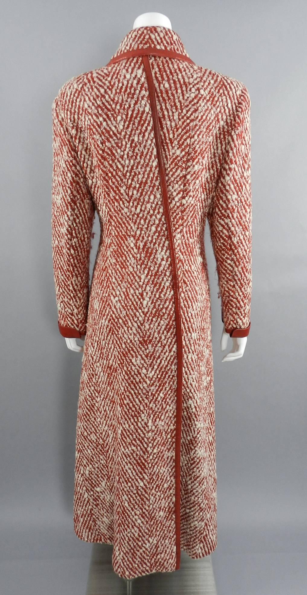 White Chanel Red and Ivory Tweed Wool and Leather Long Coat