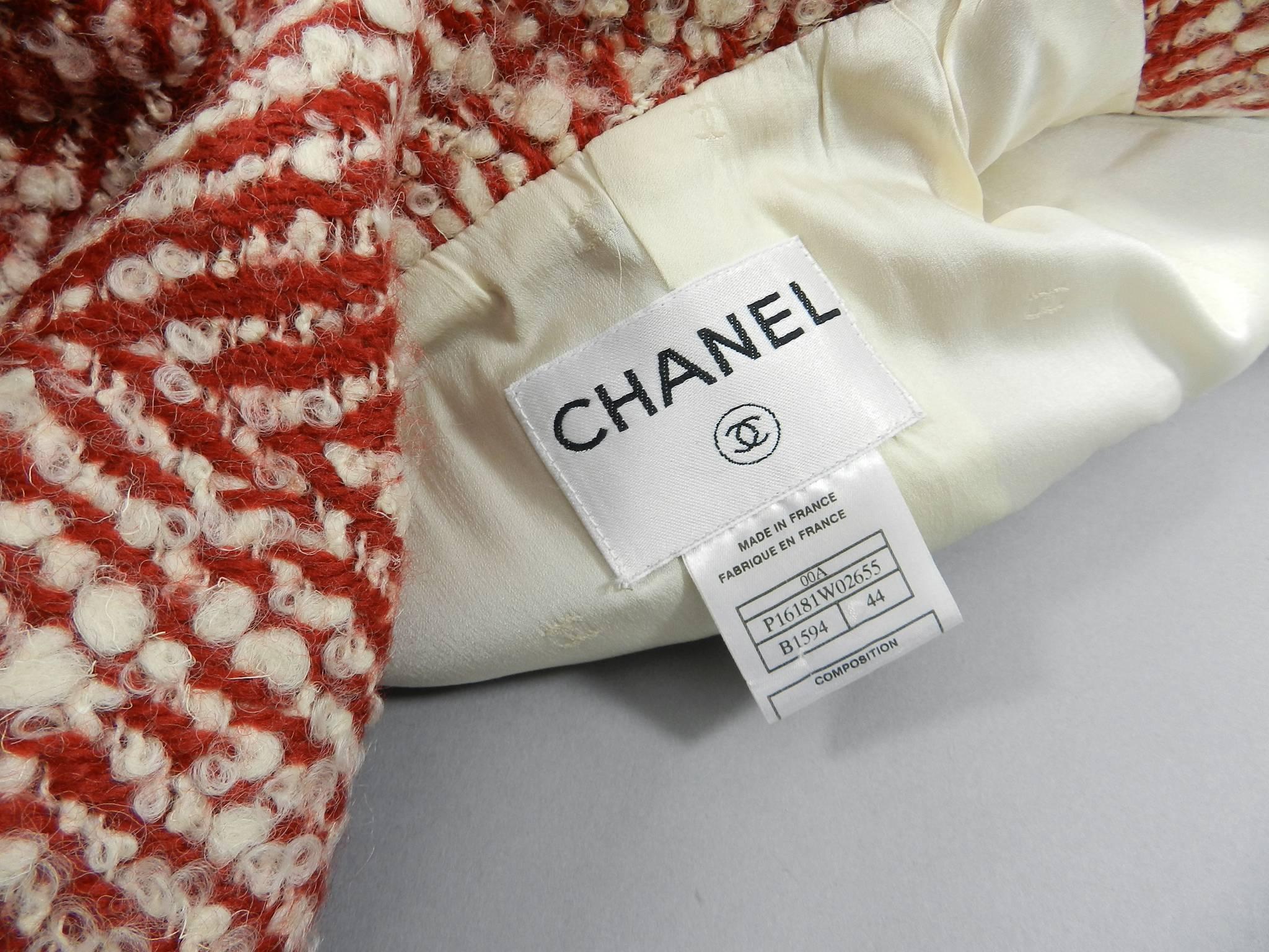 Women's Chanel Red and Ivory Tweed Wool and Leather Long Coat