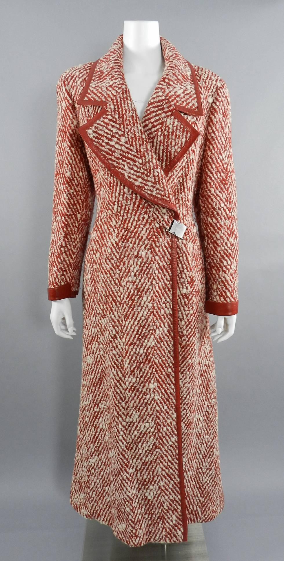 Chanel Red and Ivory Tweed Wool and Leather Long Coat 3