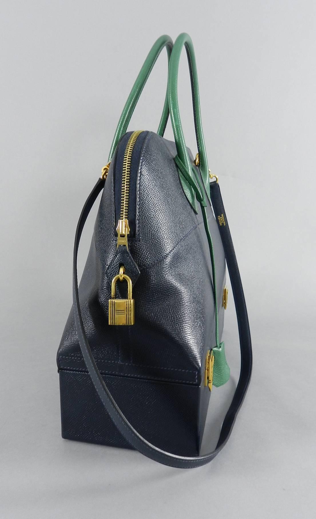 Black Hermes Vintage Bolide MacPherson 34 Trunk Bag Bicolor Green and Navy