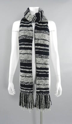 Chanel 10A Black and White Long Knit Fringed Scarf