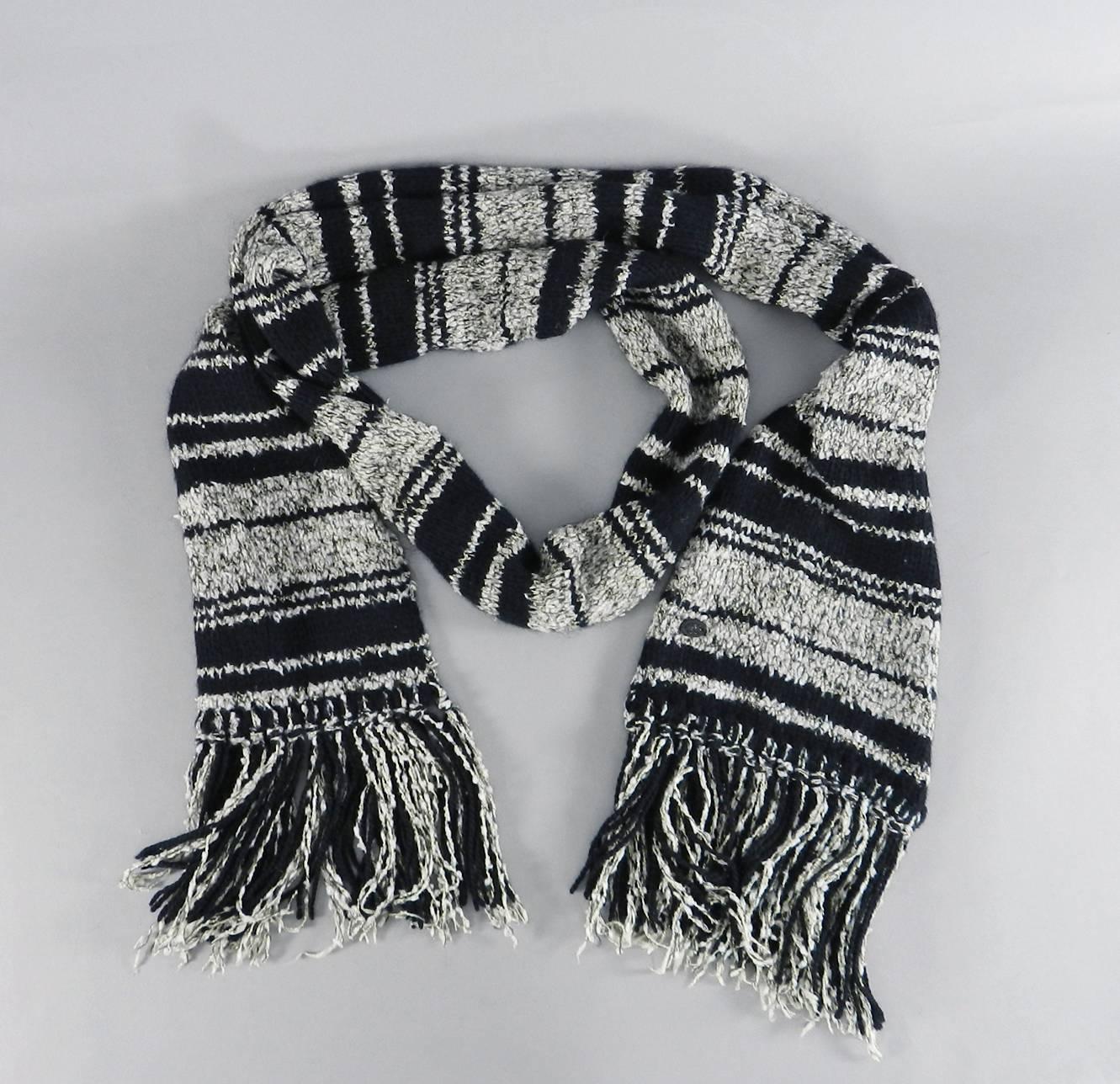 Chanel 10A Black and White Long Knit Fringed Scarf 1