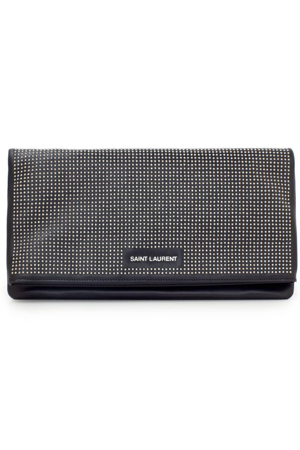 Saint Laurent Black Studded Letters Fold Over Clutch Bag.  Fine silver studded exterior.  Excellent clean condition - unused.  Includes care cards and duster. Measures 12 x 6.75 x 2.5".

We ship worldwide.