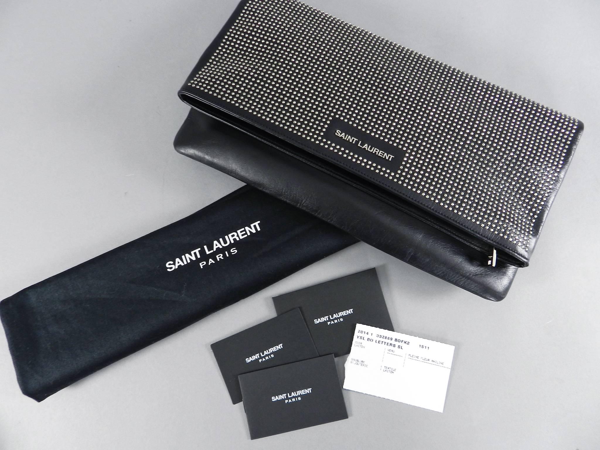 Saint Laurent Black Studded Letters Fold Over Clutch Bag In Excellent Condition In Toronto, ON