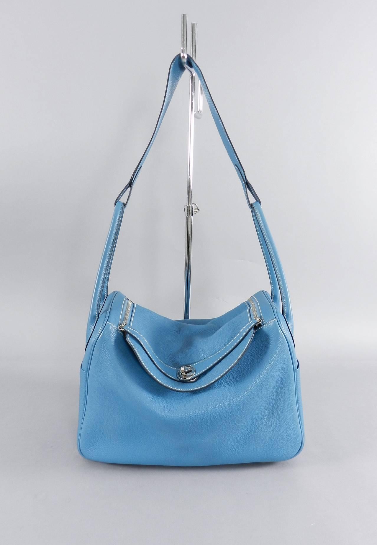 Hermes Blue Jean Clemence 34cm Lindy Bag.  Palladium hardware, date code L in square for year 2008.  Measures about 13.5 x 8 x 7