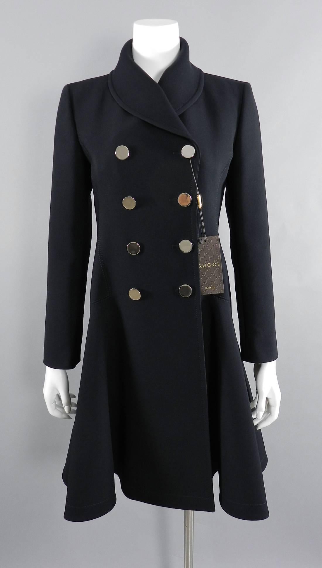 Gucci pre-fall 2014 Black Dress coat with Silver Buttons In New Condition In Toronto, ON
