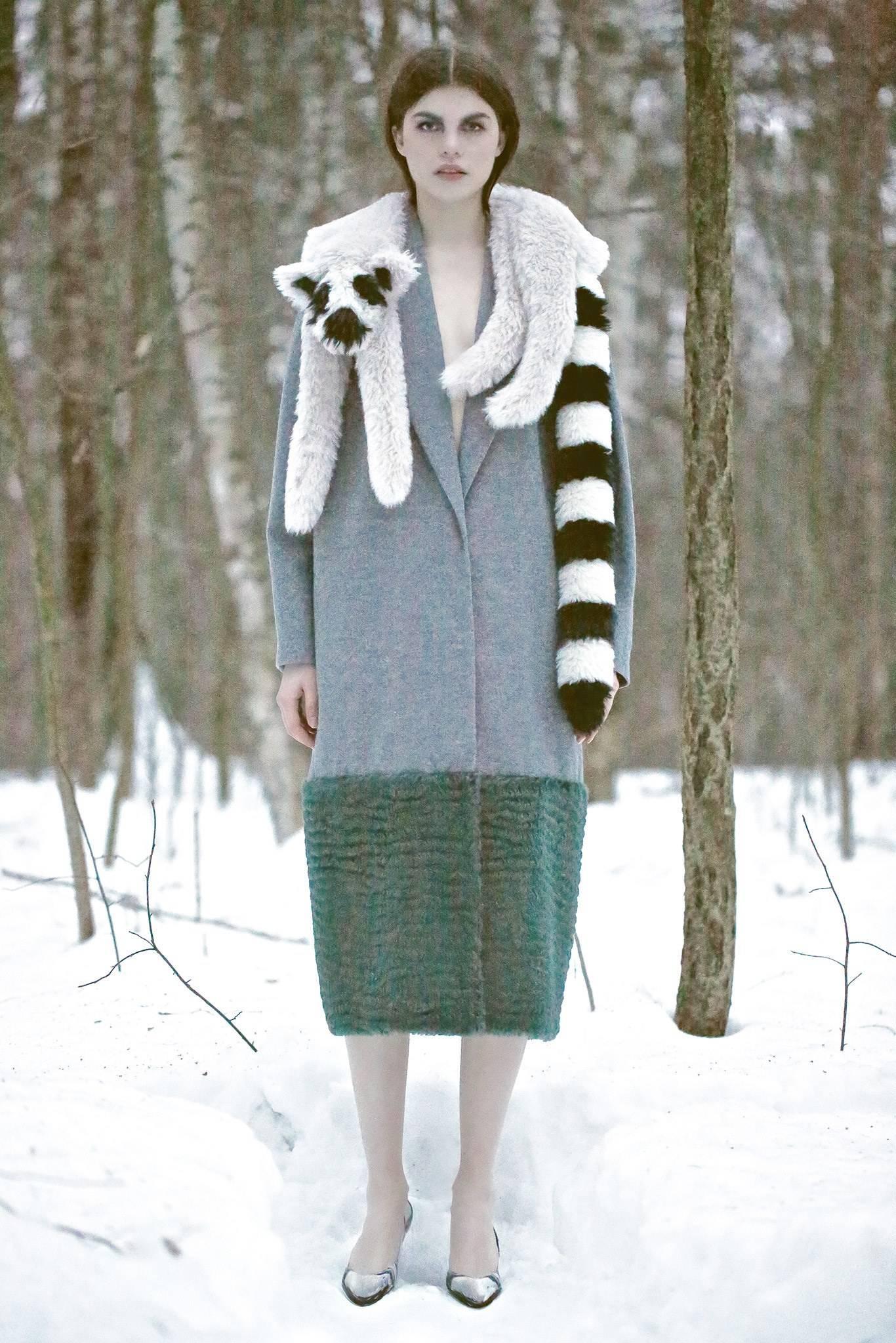 Vika Gazinskaya Grey Wool Coat with Green Faux Fur Trim.  From the fall 2013 collection.  Original retail price $3395.  Coat has side hip pockets on seam, unlined, and fastens at front with 3 snaps. Lighter weight fall coat and not a heavy wool
