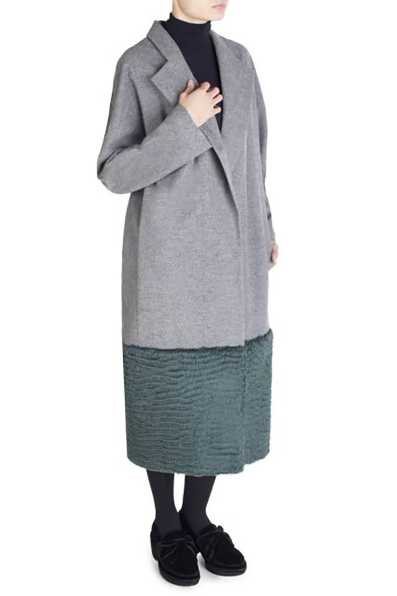 Gray Vika Gazinskaya Grey Wool Coat with Green Faux Fur Trim