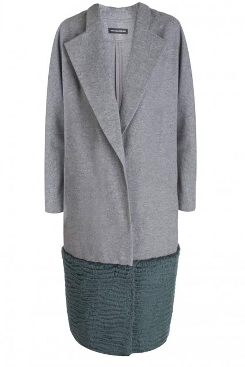 Vika Gazinskaya Grey Wool Coat with Green Faux Fur Trim In Excellent Condition In Toronto, ON