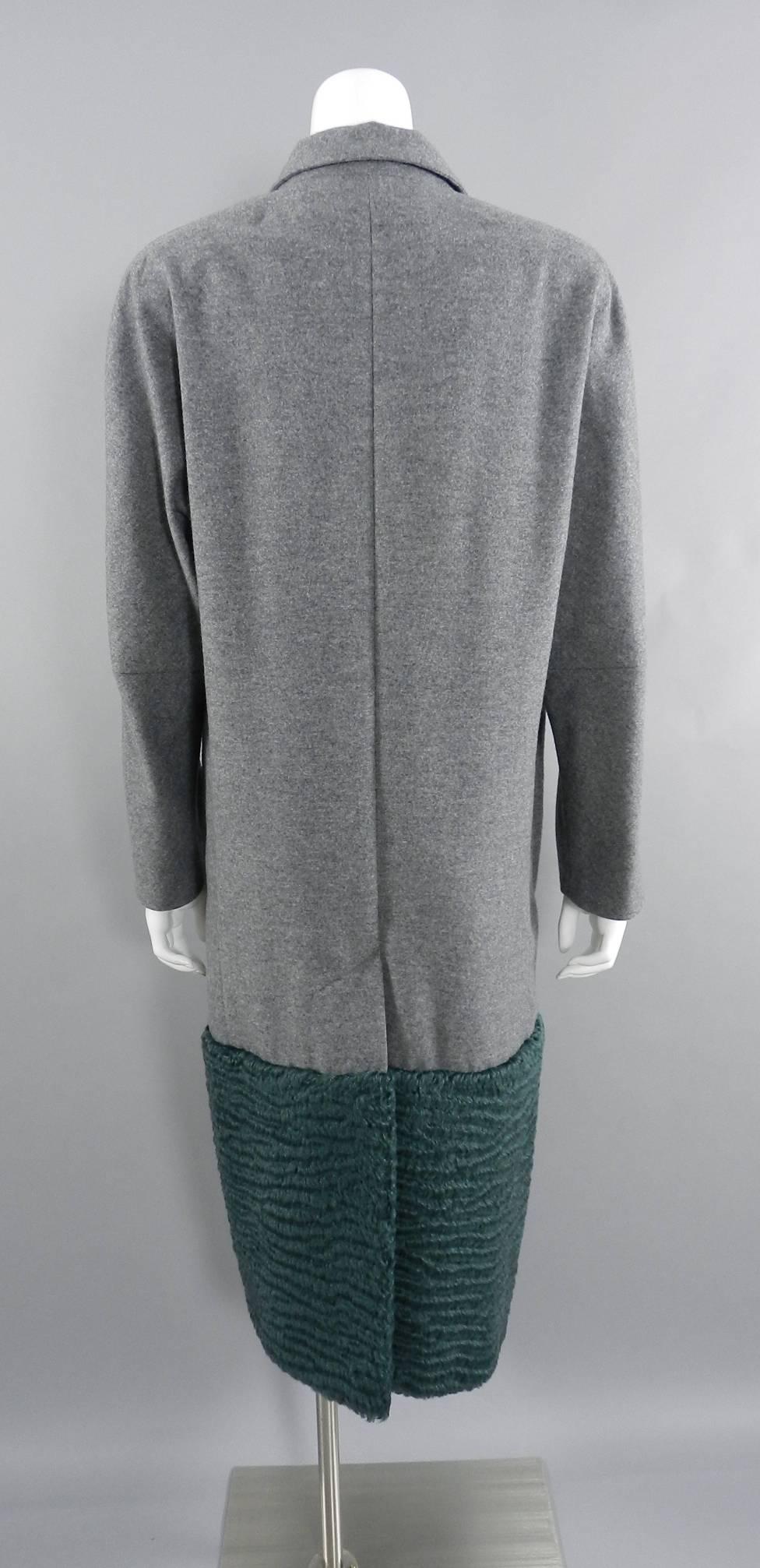 Vika Gazinskaya Grey Wool Coat with Green Faux Fur Trim 1