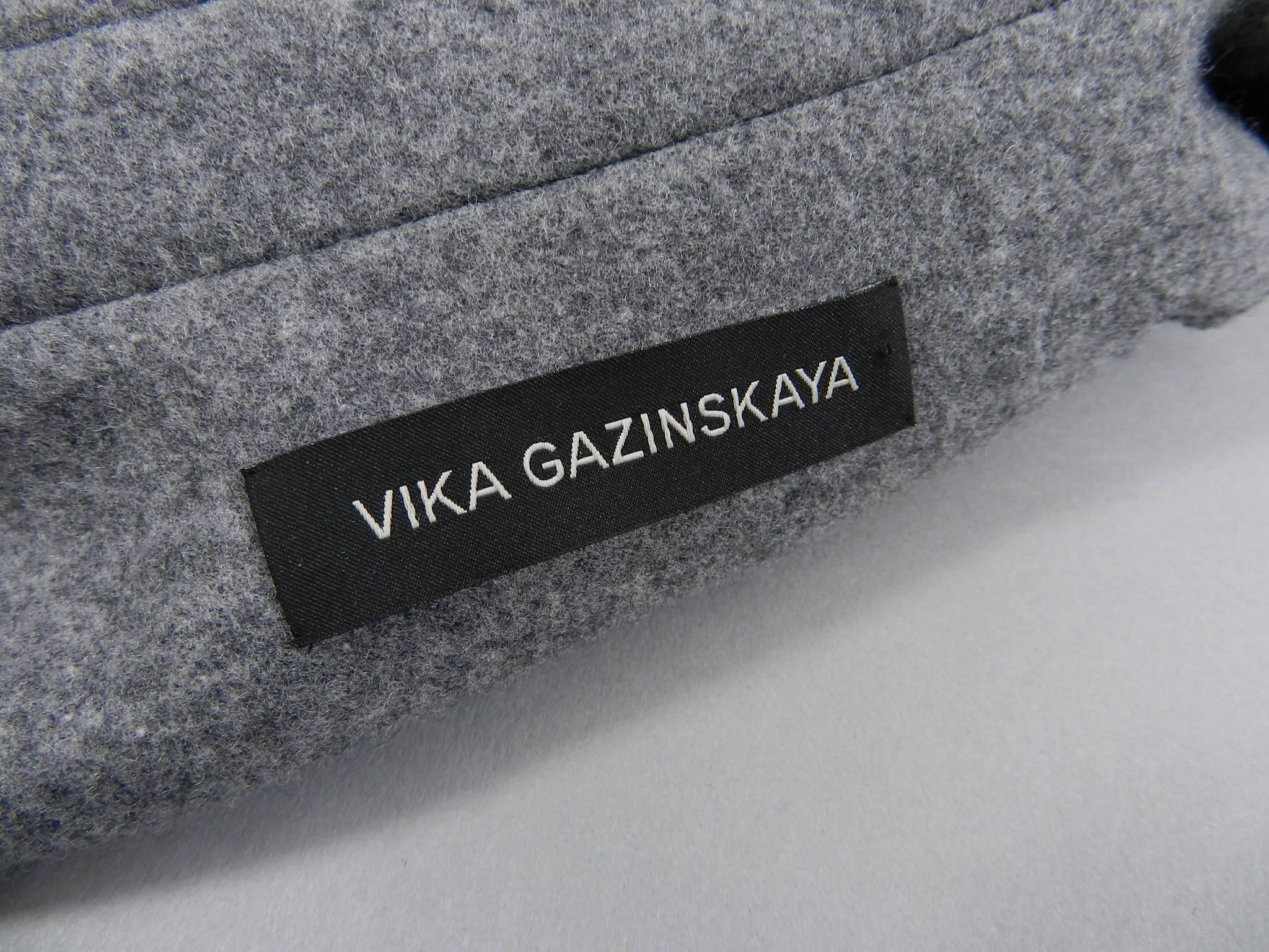Vika Gazinskaya Grey Wool Coat with Green Faux Fur Trim 2