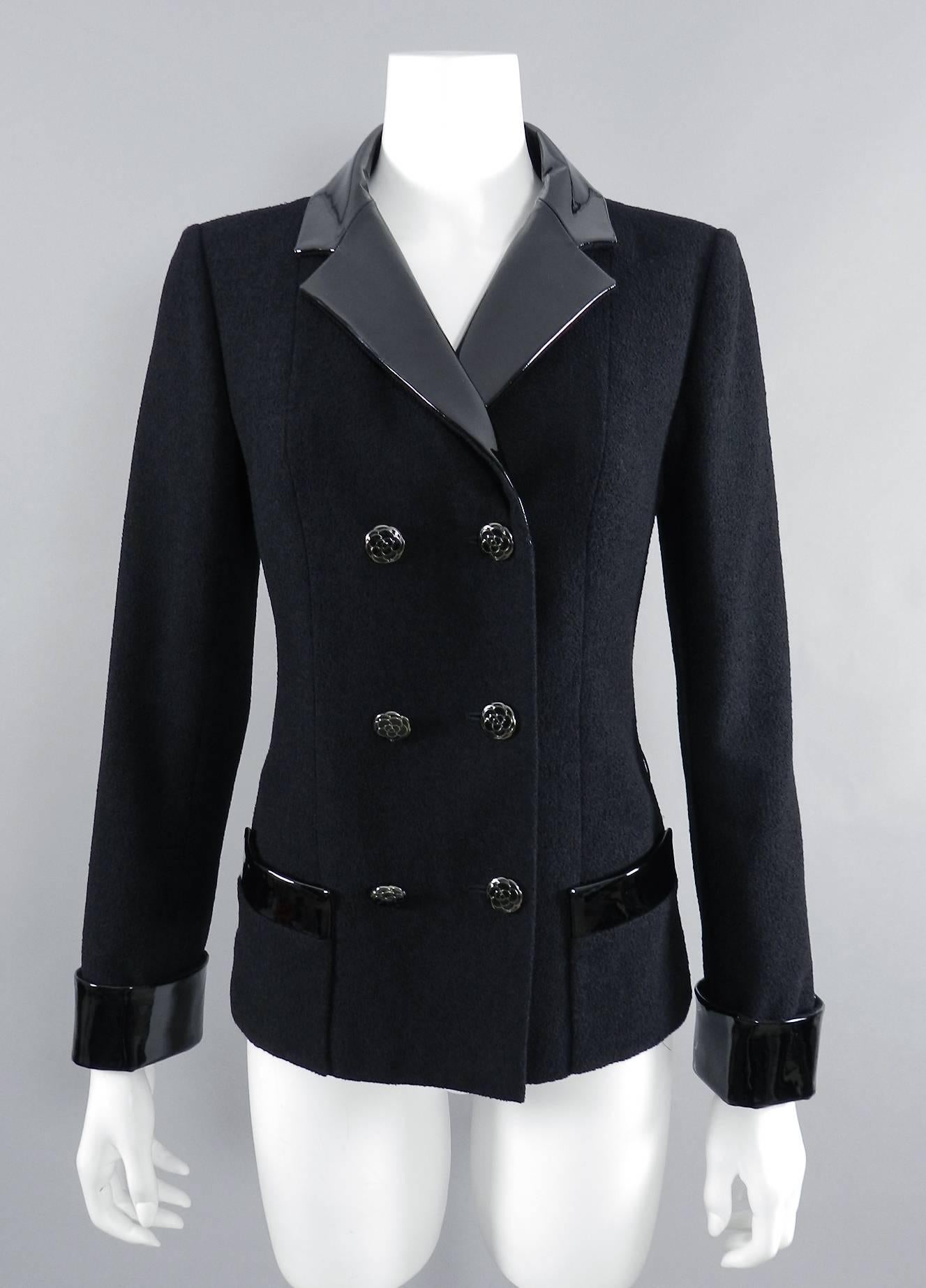 Chanel 15K Black Jacket with Patent Collar and Camelia Buttons In Excellent Condition In Toronto, ON