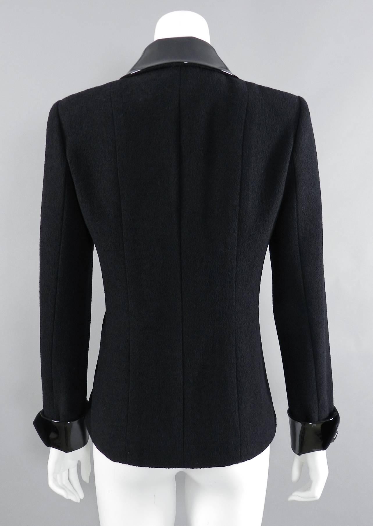 Chanel 15K Black Jacket with Patent Collar and Camelia Buttons 3
