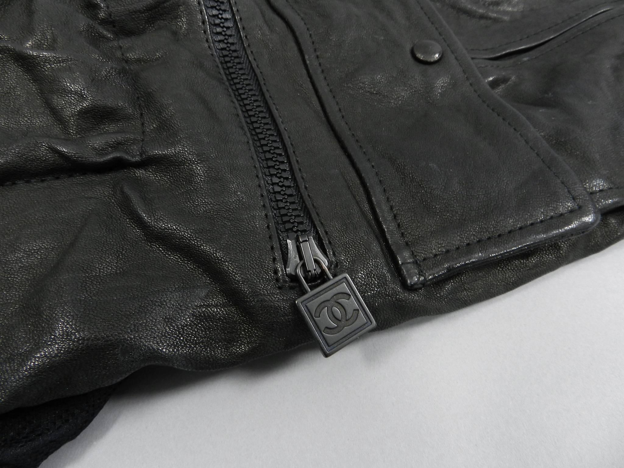 Chanel Sport 07A Black Leather Distressed Utility Jacket with Pockets In Excellent Condition In Toronto, ON
