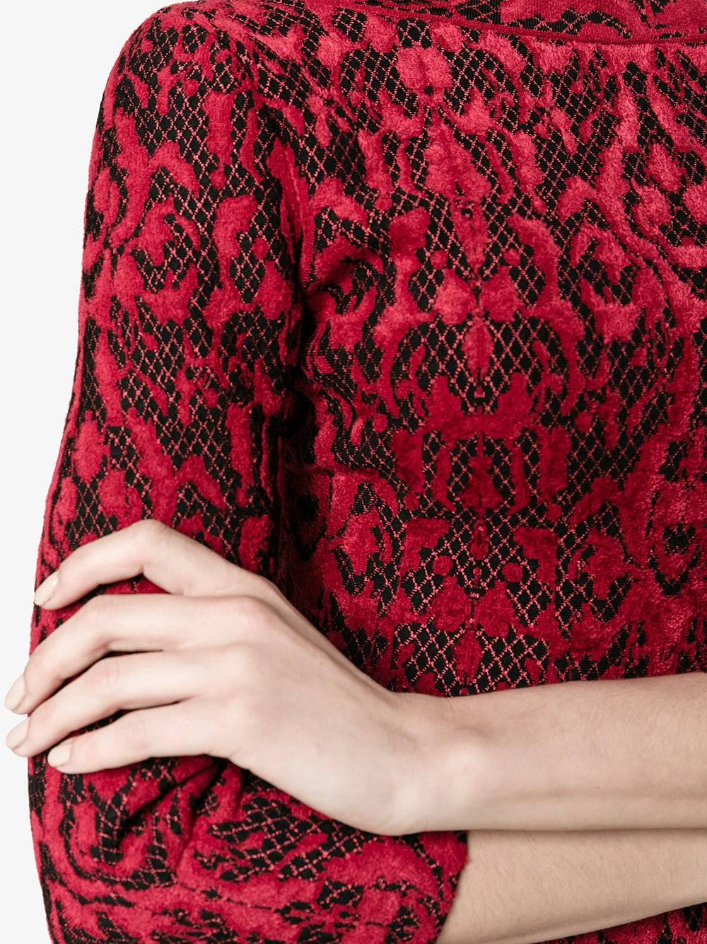 Brown ALAIA Fall 2016 Red and black flocked Lace Overlay Cocktail Dress