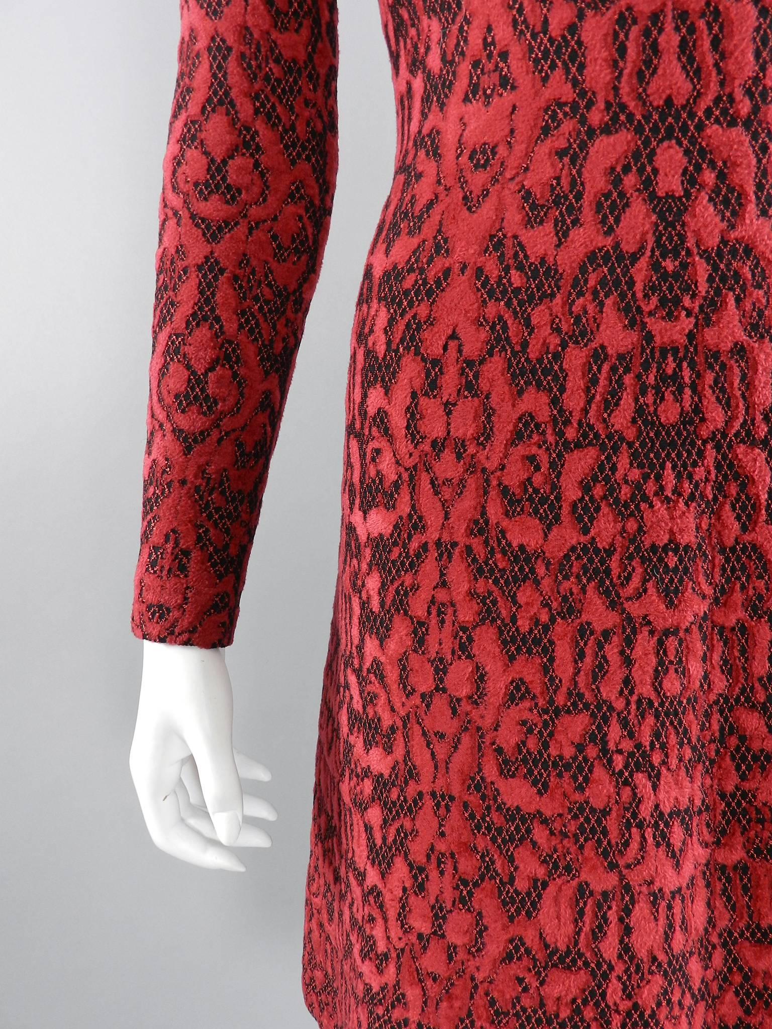 ALAIA Fall 2016 Red and black flocked Lace Overlay Cocktail Dress 3