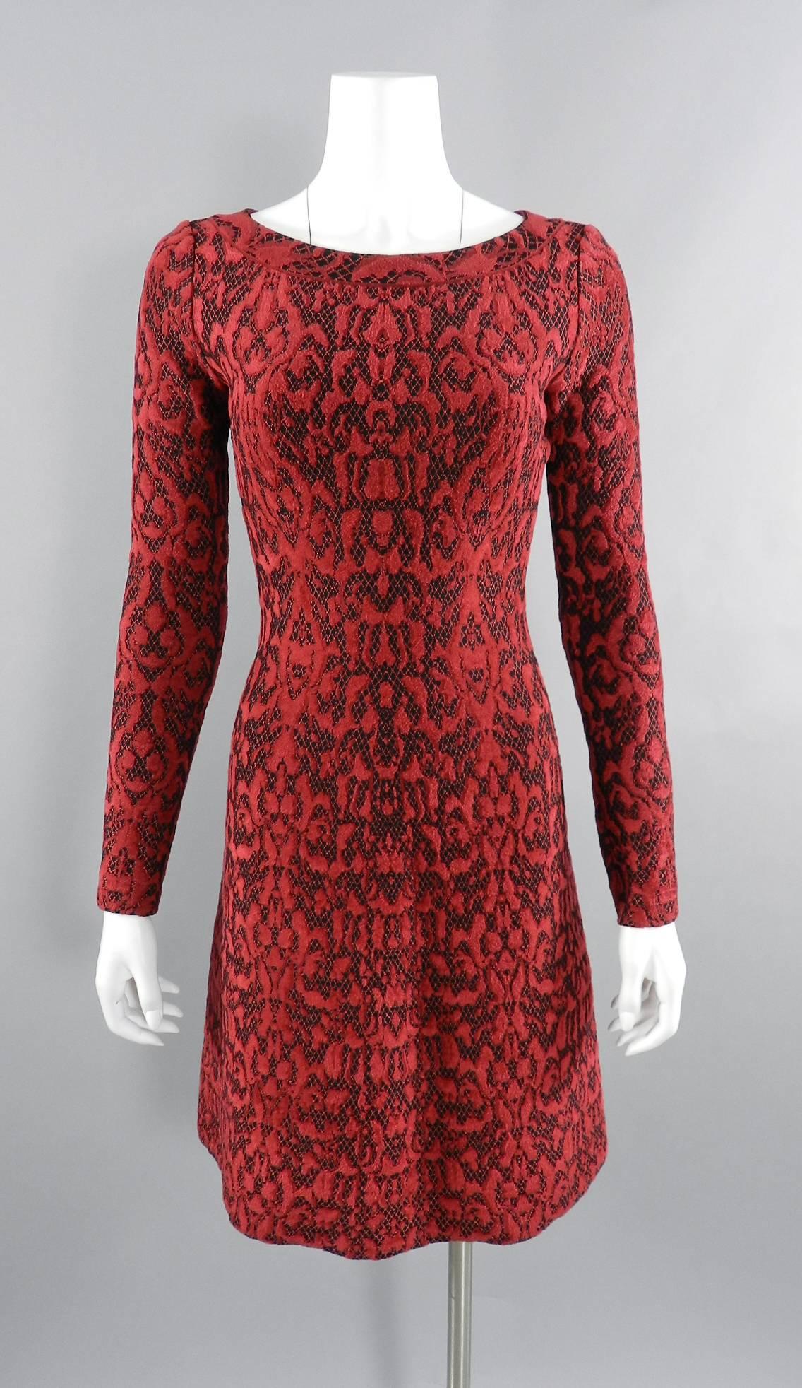 ALAIA Fall 2016 Red and black flocked Lace Overlay Cocktail Dress 5