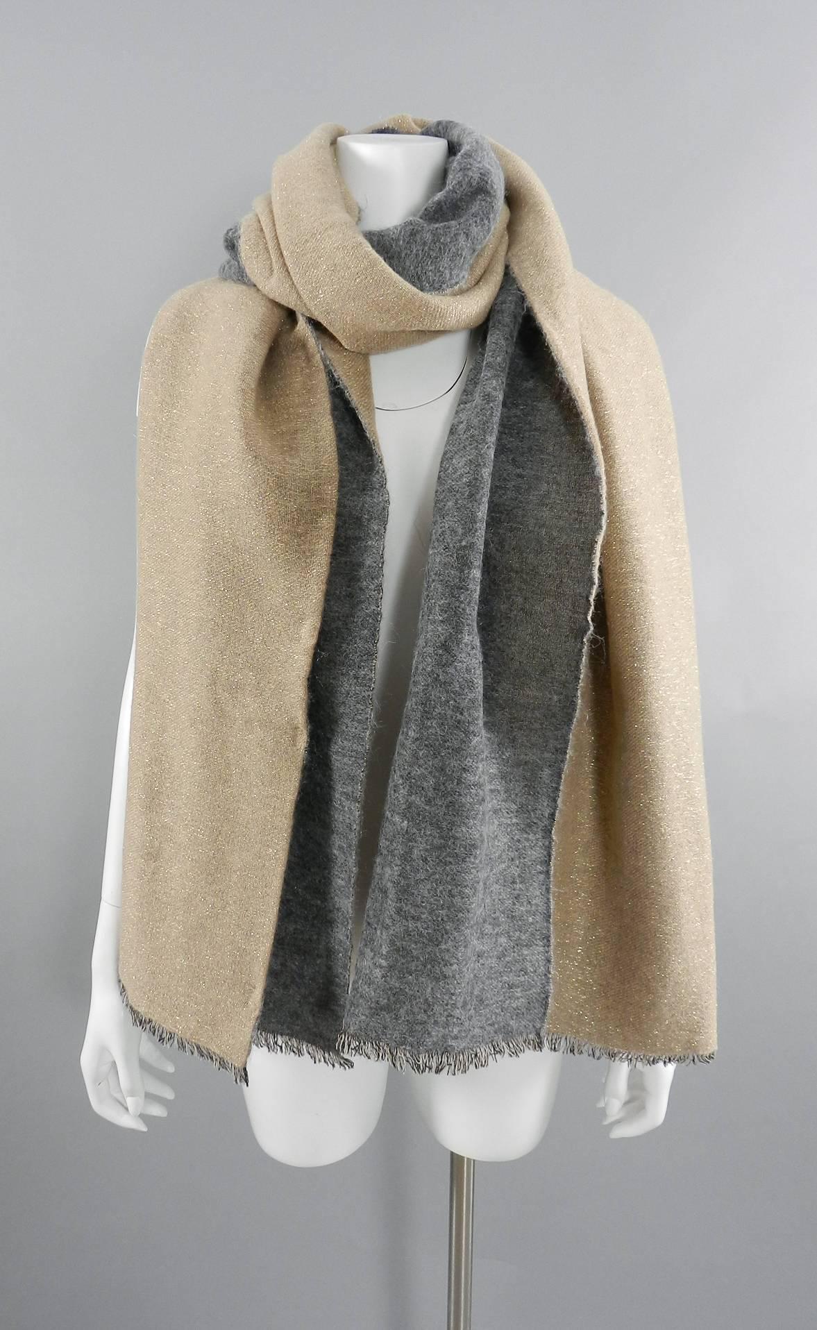 Brunello Cucinelli Gold and Grey Double Sided Large Cashmere Scarf Shawl Wrap.  Beige with gold metallic shimmer thread on one side and solid gray on the other. Fringed hem.  Measures 92 x 27