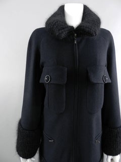CHANEL 15B 2015 Black wool coat with mohair knit trim