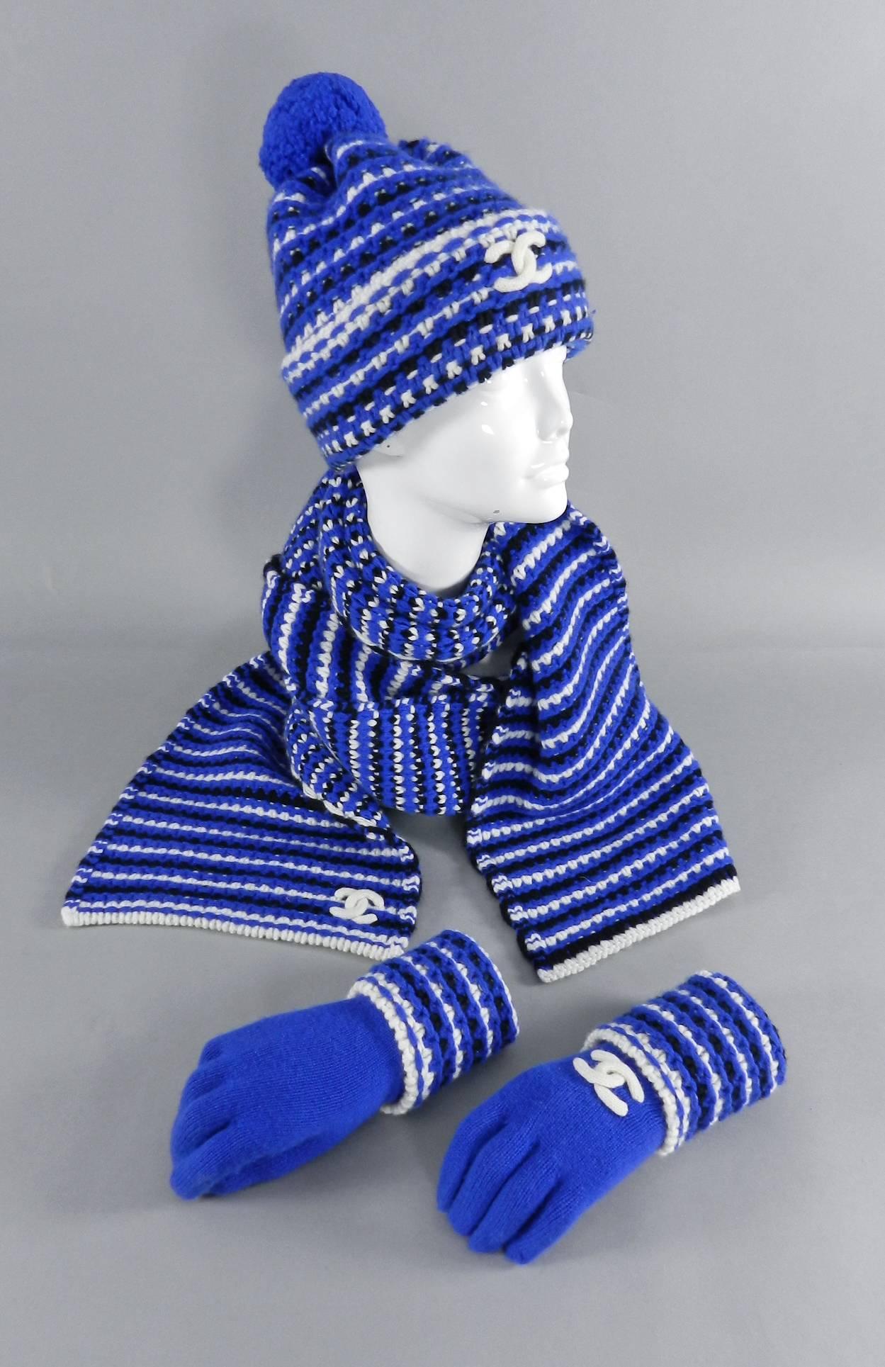Women's Chanel Fall 2014 Supermarket Blue and White Cashmere Knit Scarf Hat Gloves Set