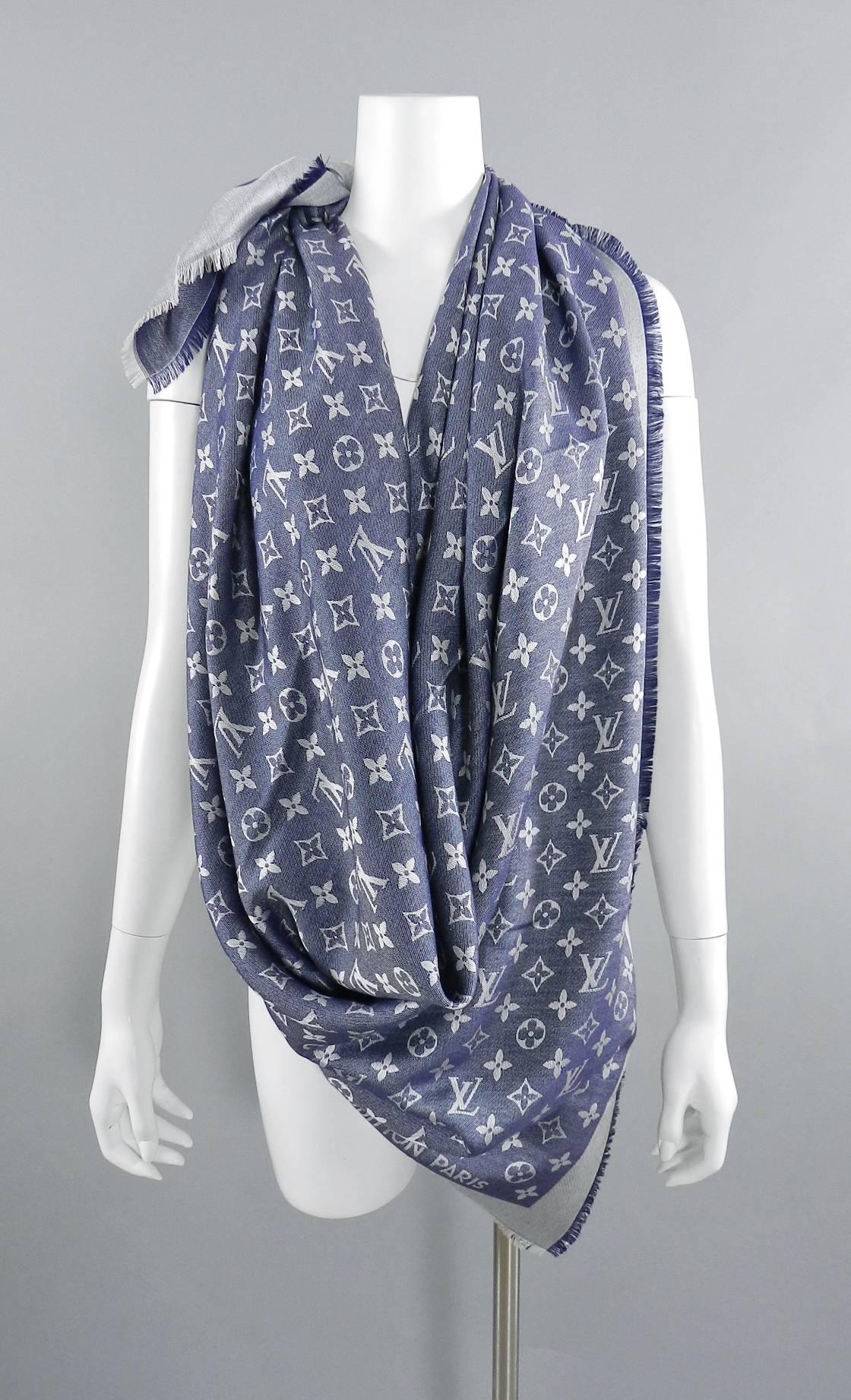 Louis Vuitton Denim Blue color Monogram Shawl Scarf Wrap.  100% authentic.  Soft woven jacquard featuring the Louis Vuitton logo and monogram pattern. 56 x 56