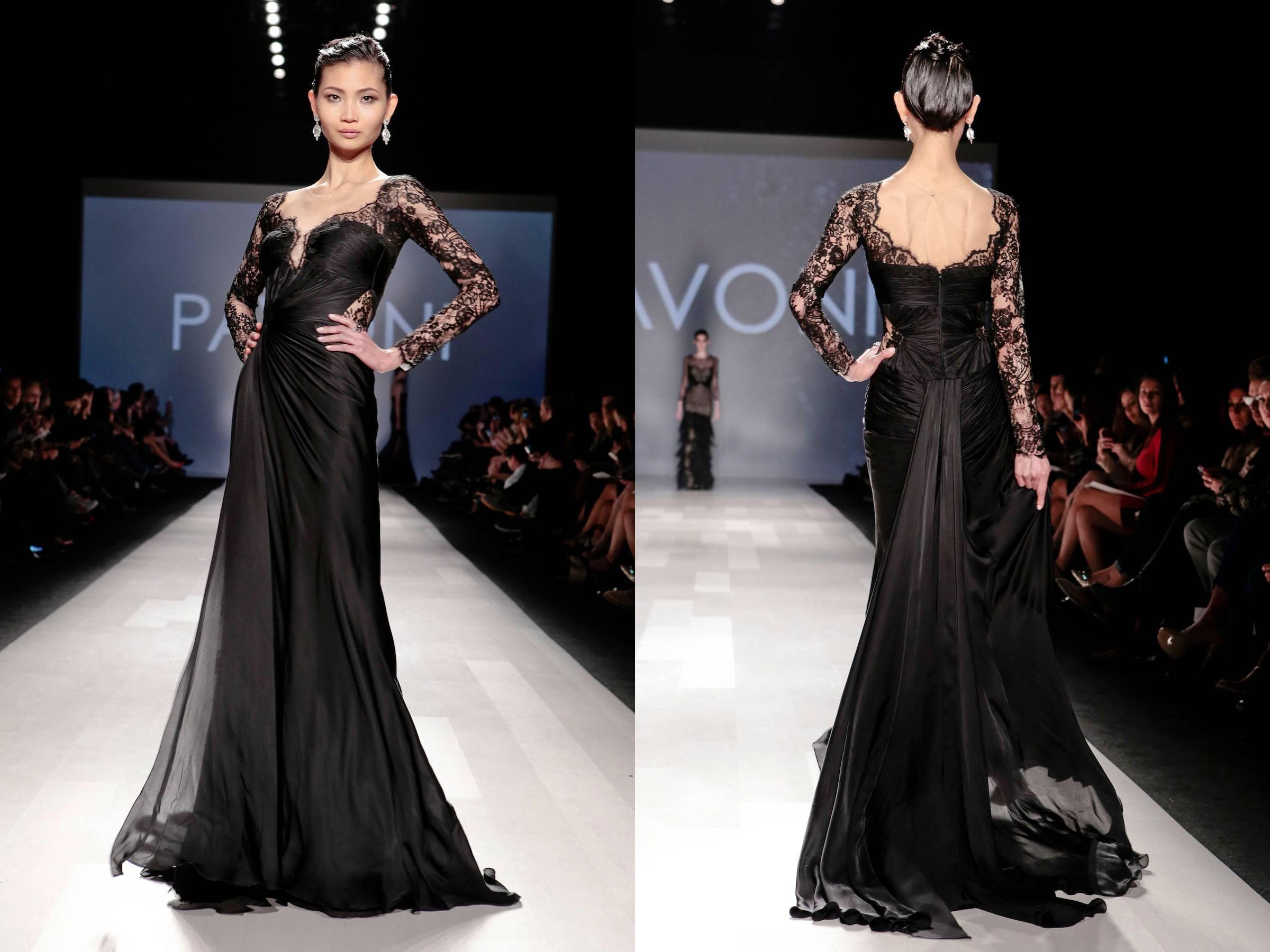 PAVONI Black Sheer Silk Chiffon / Illusion Lace Ruched Evening Gown from their AW 2013 runway collection.  Sheer black silk chiffon overlay gown with gathered ruched bust and waist, and black sheer illusion lace accents.   Upper shoulders and