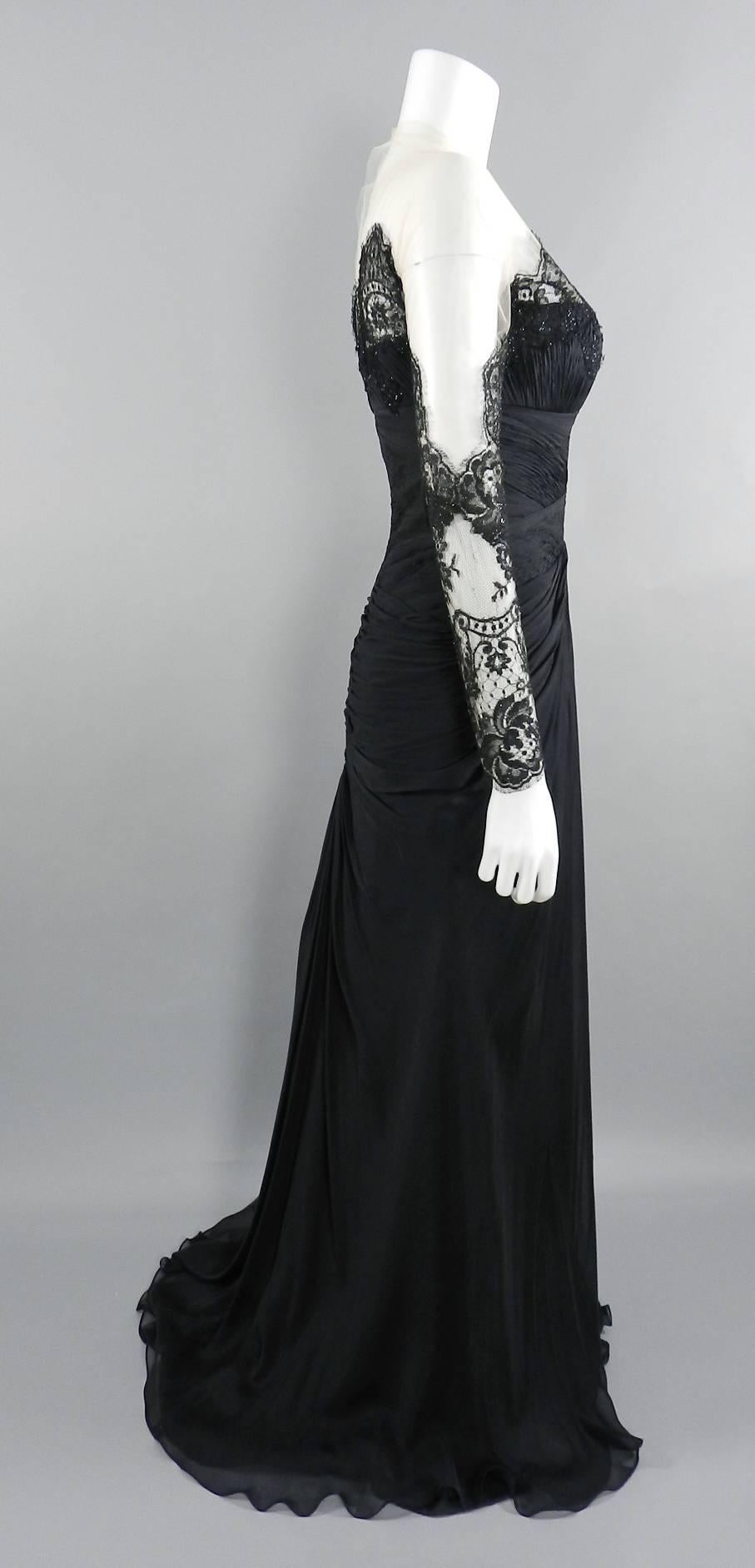 Women's PAVONI Black Sheer Silk Chiffon / Illusion Lace Ruched Evening Gown  For Sale