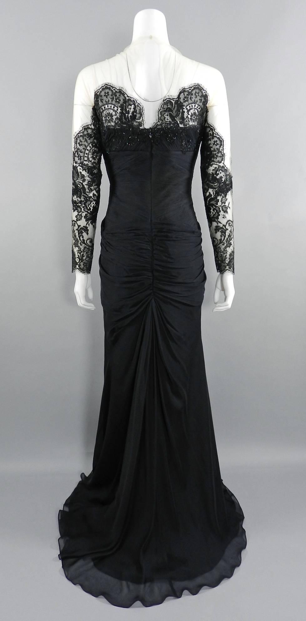 PAVONI Black Sheer Silk Chiffon / Illusion Lace Ruched Evening Gown  For Sale 1