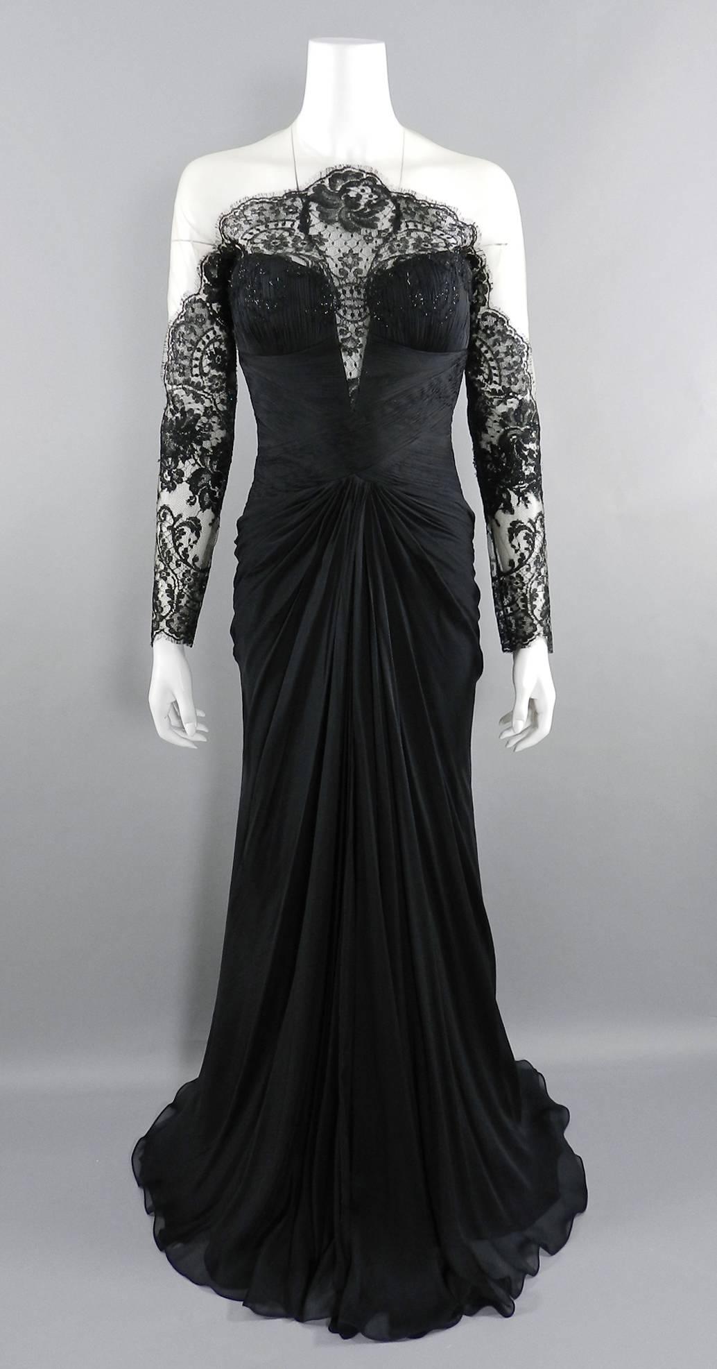 PAVONI Black Sheer Silk Chiffon / Illusion Lace Ruched Evening Gown  For Sale 6