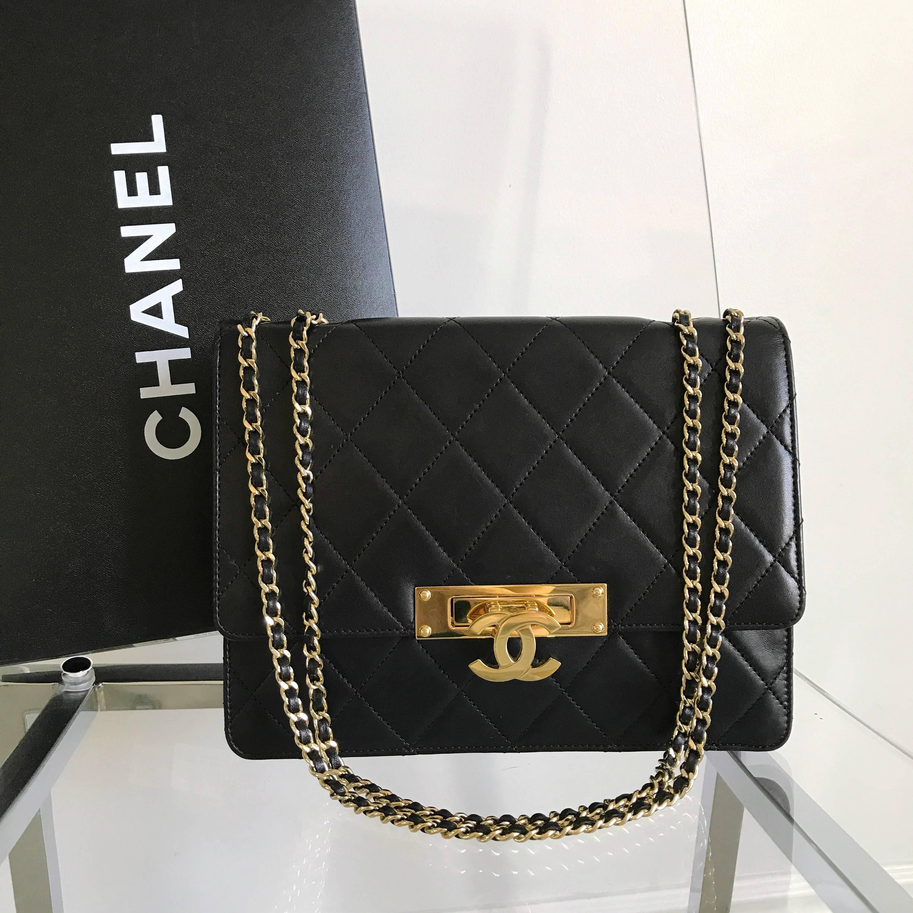 Chanel Cruise 2014 Black Lambskin Quilted Golden Class Medium Flap Bag In Excellent Condition In Toronto, ON