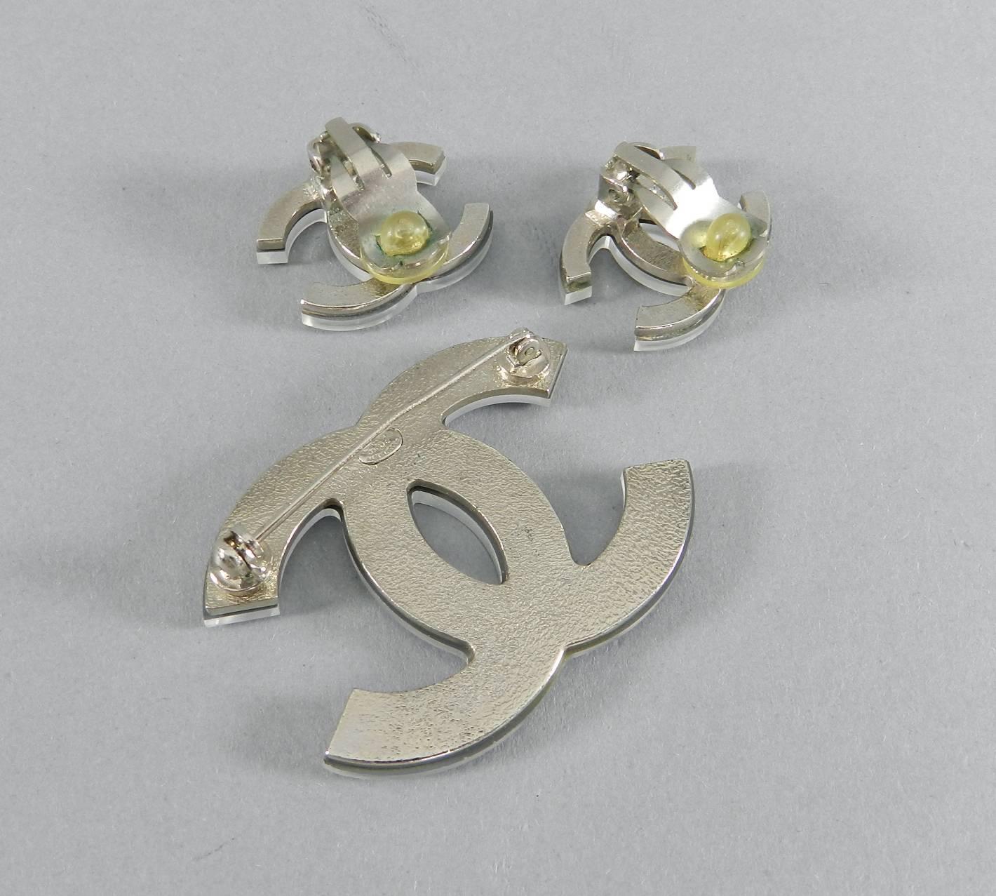 Chanel Glass Mirror CC logo Brooch and Clip Earrings Set In Excellent Condition In Toronto, ON
