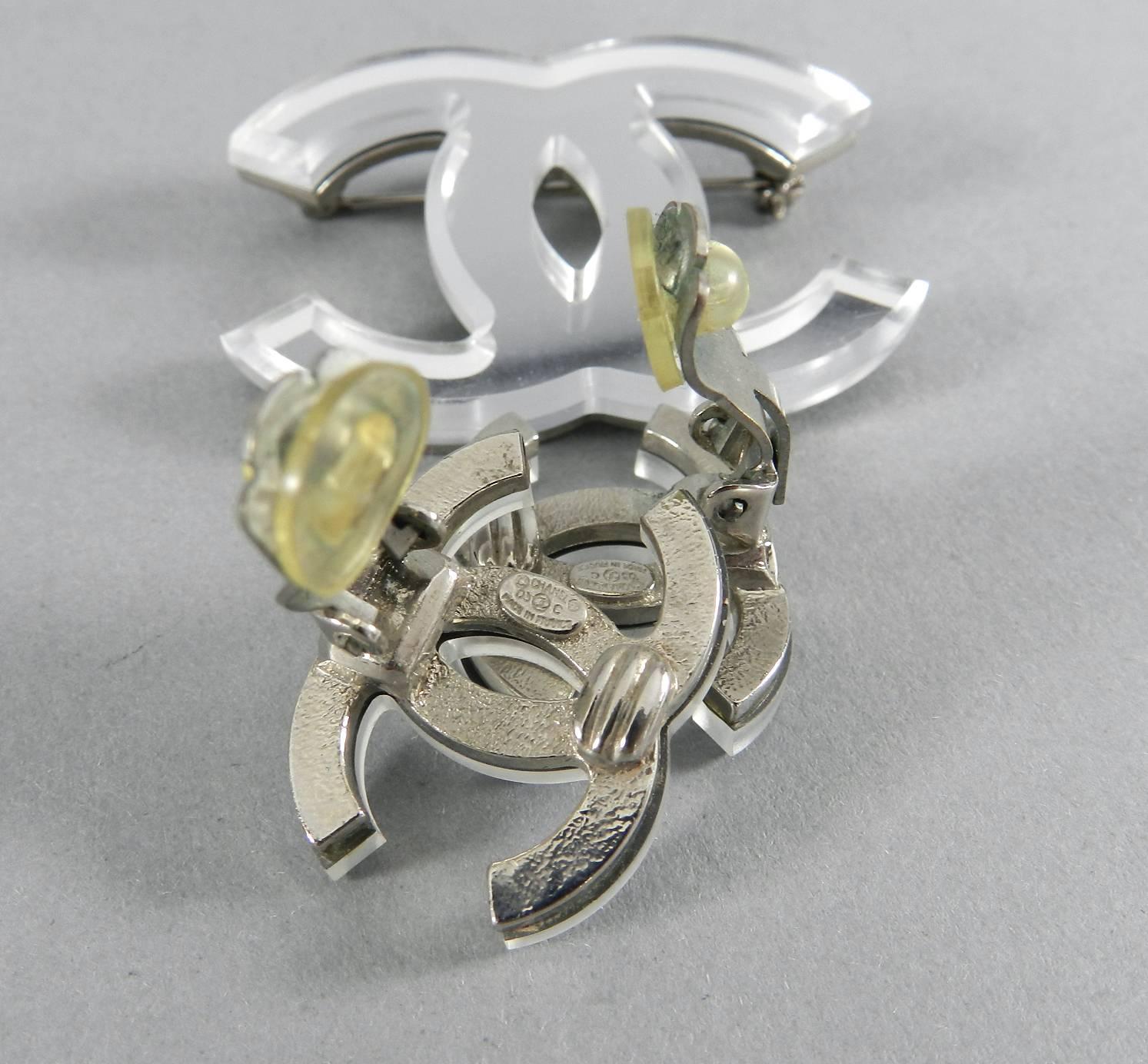 Women's Chanel Glass Mirror CC logo Brooch and Clip Earrings Set