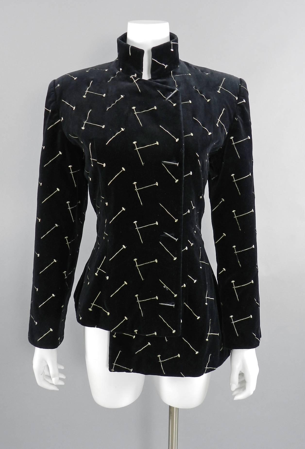 Patrick Kelly 1980's Black Velvet Asymmetrical Nails Jacket with Nail Buttons In Excellent Condition In Toronto, ON