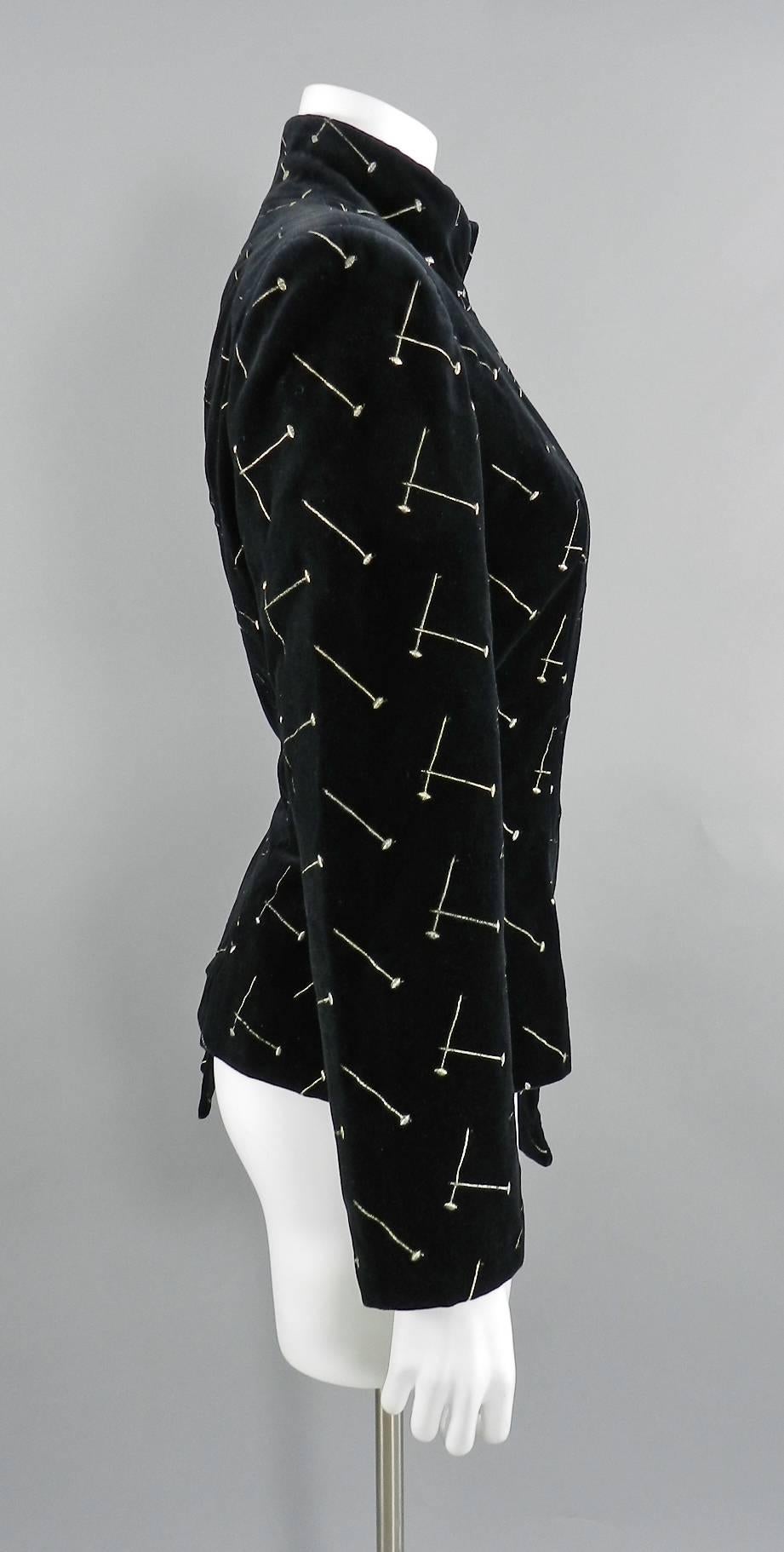 Women's Patrick Kelly 1980's Black Velvet Asymmetrical Nails Jacket with Nail Buttons