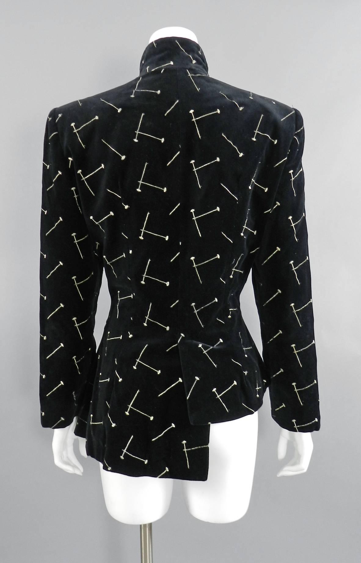 Patrick Kelly 1980's Black Velvet Asymmetrical Nails Jacket with Nail Buttons 1